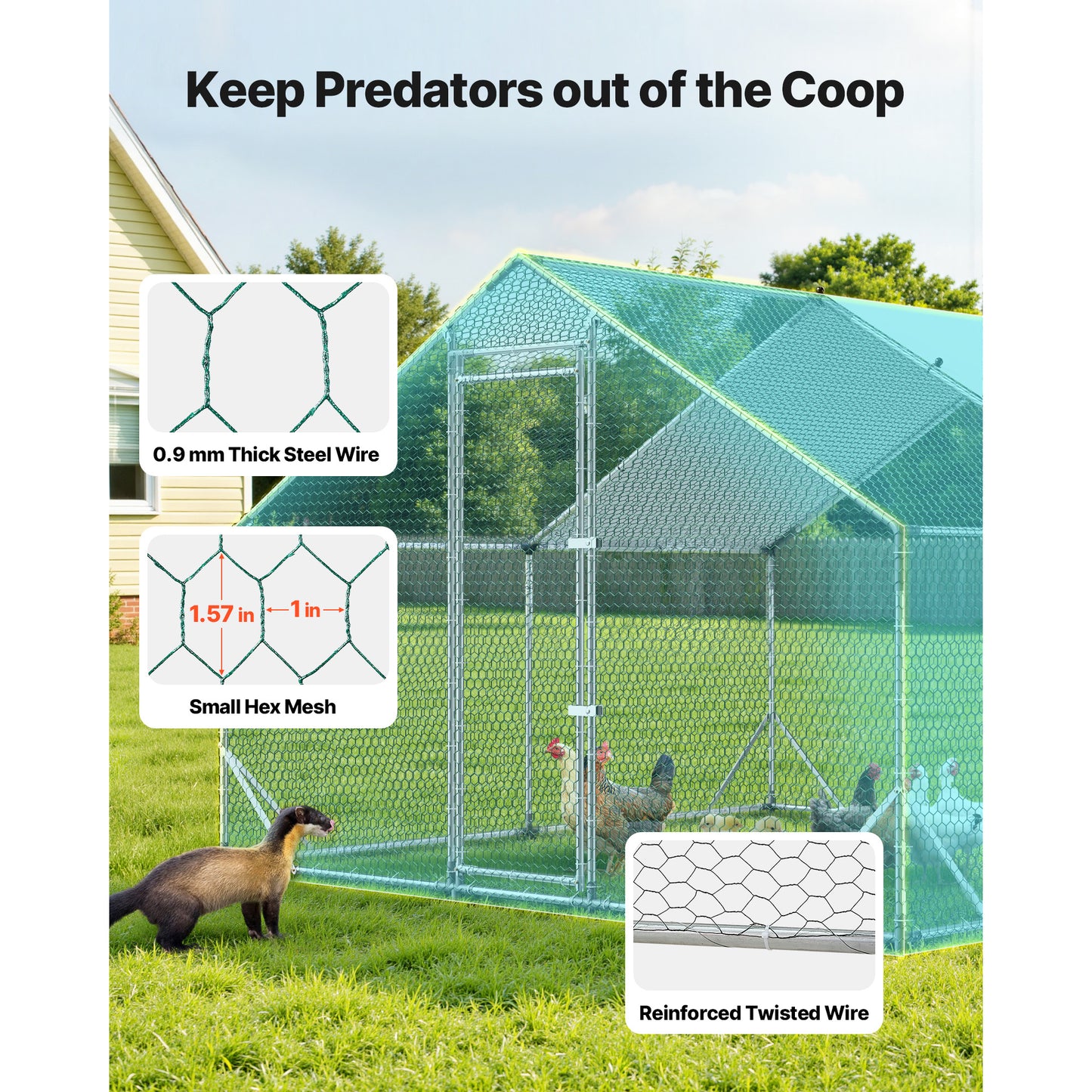 Large Outdoor Metal Chicken Coop with Waterproof Cover and Walk-In Run - 9.8 x 9.8 x 6.6 ft