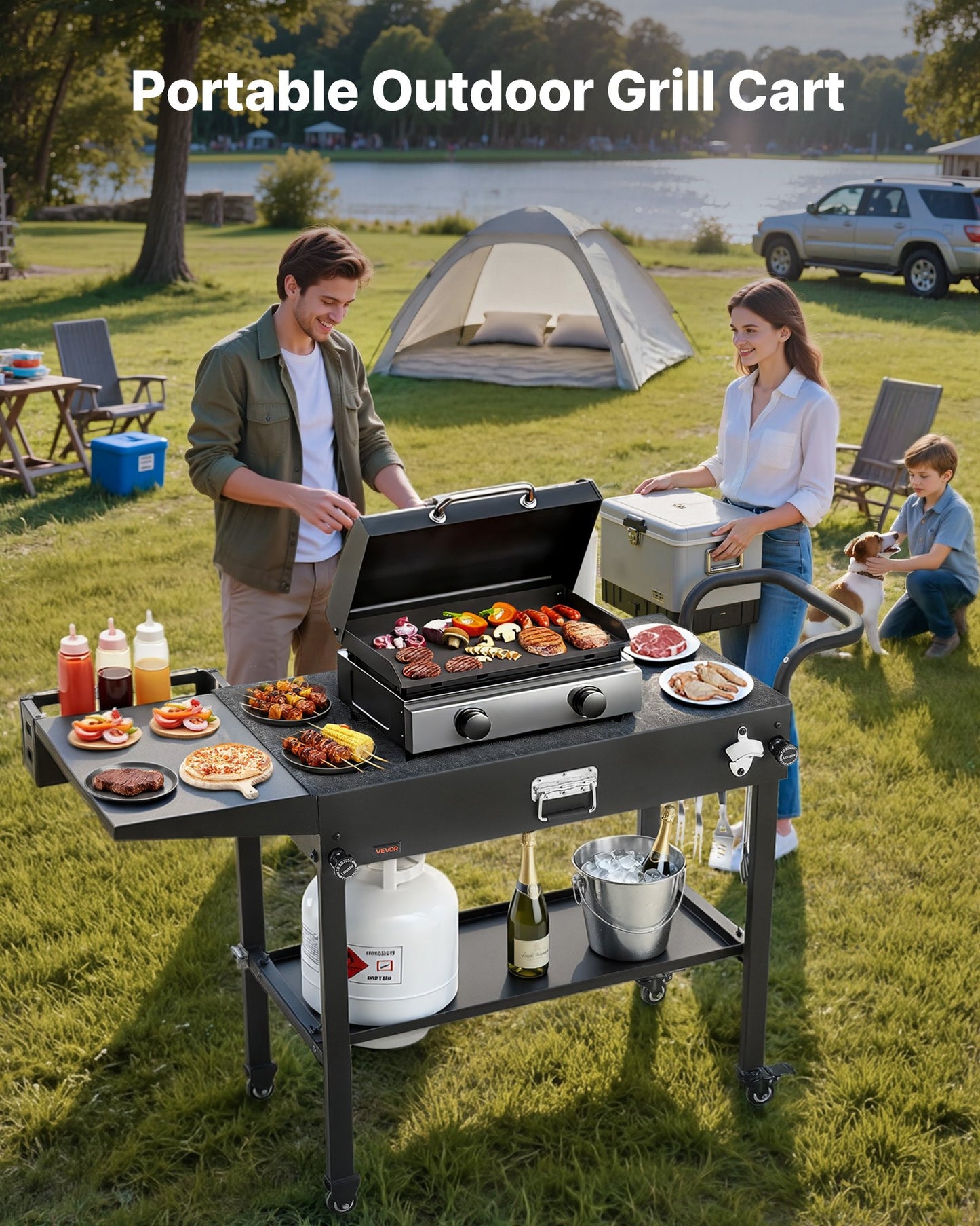 Foldable Outdoor Grill Cart with Side Table and Hooks - 31x17 Inch BBQ Prep Table