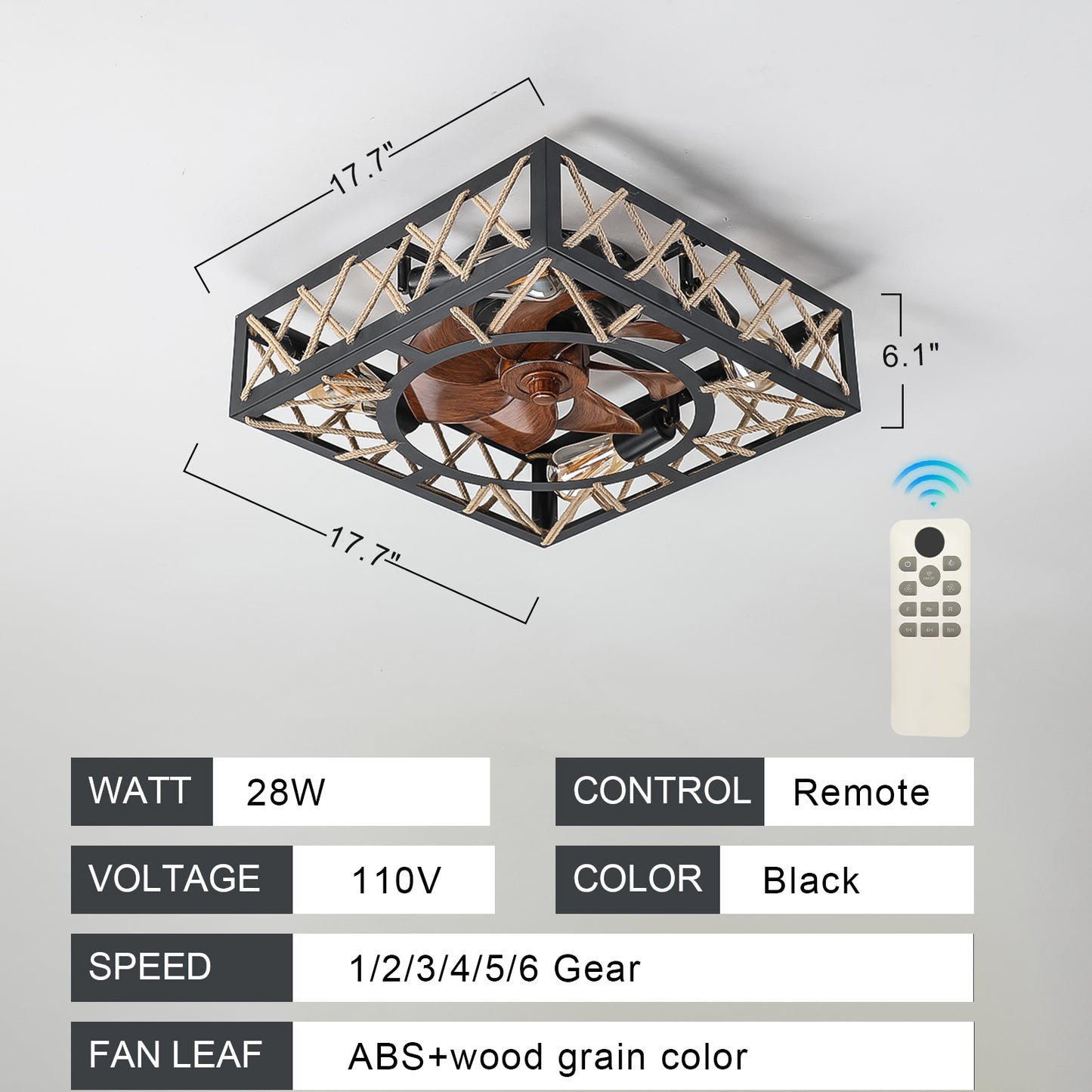 Rustic Ceiling Fan with Remote Control - 6 Speed, Noiseless DC Motor