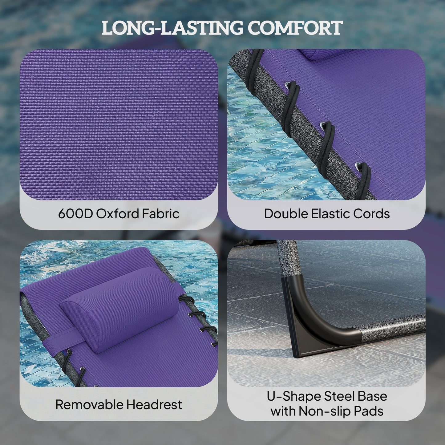 Folding Outdoor Chaise Lounge Chair with 5-Level Adjustable Back, Side Table, Pillow - Purple