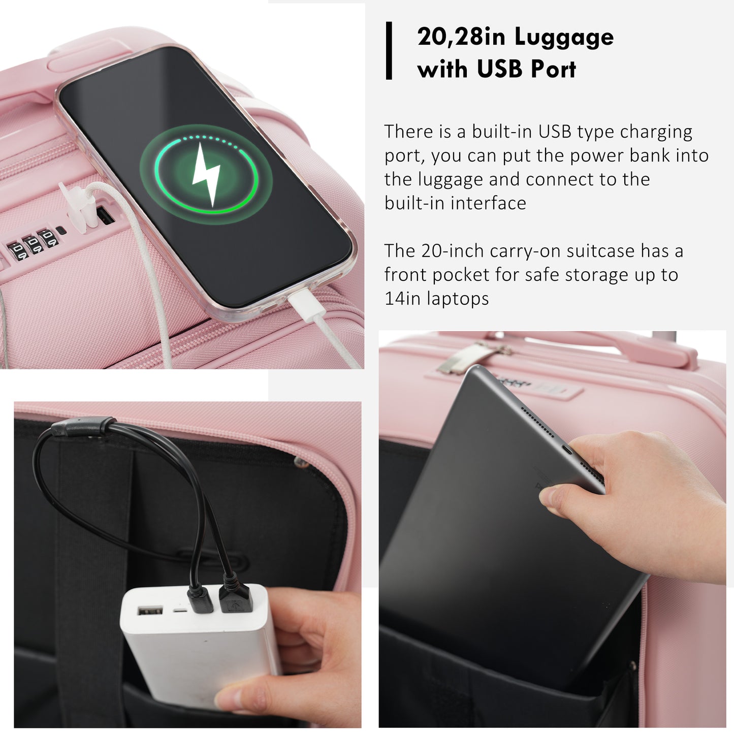 4-Piece Pink Luggage Set with USB Charging Ports & Toiletry Bag
