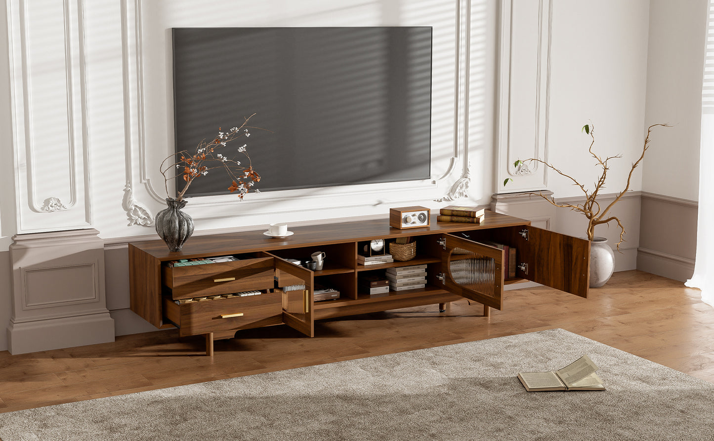 Modern 78-Inch TV Stand for TVs Up to 85" with Glass Doors & Drawers - Walnut