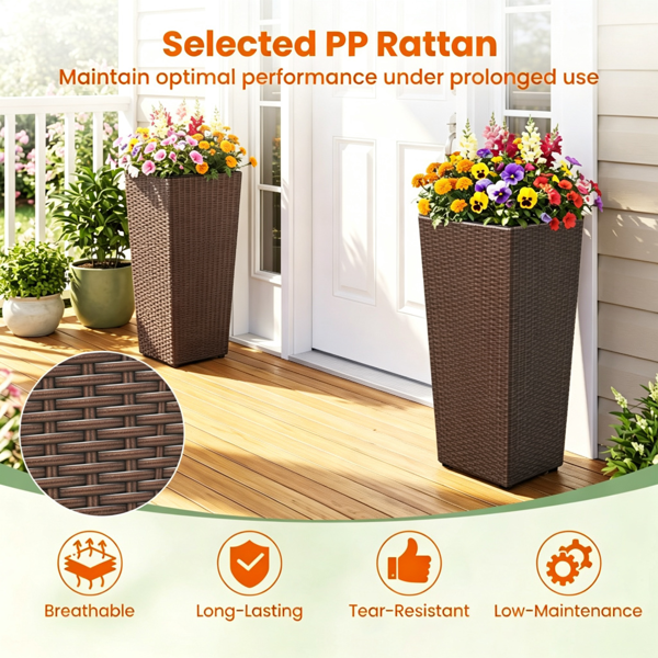 Set of 2 Rattan Planters with Removable Inner Pots & Adjustable Metal Frames - Brown Garden Decor