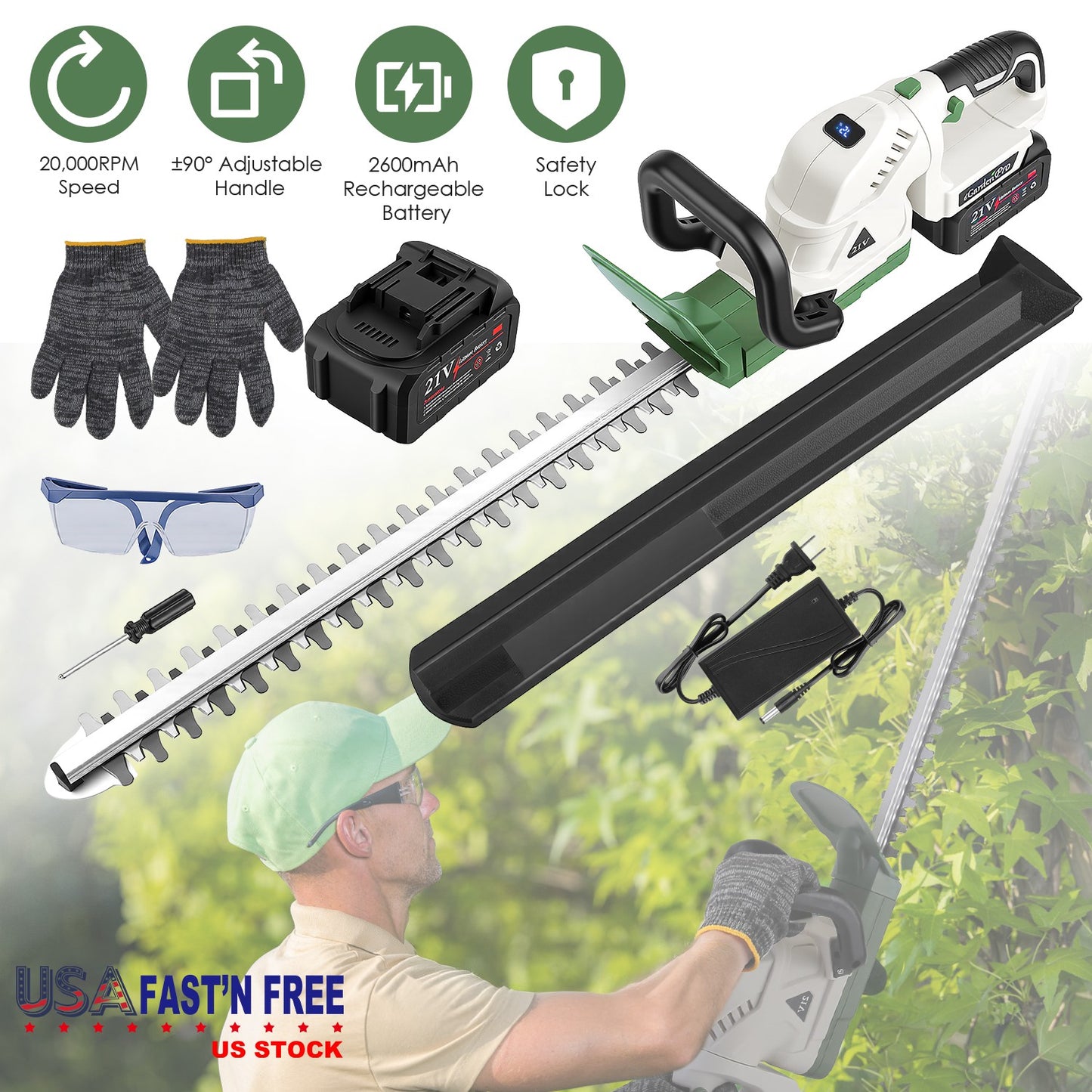 Cordless Hedge Trimmer 21V with Dual Action Blades & Adjustable Handle