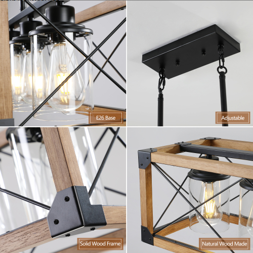 32 Inch Walnut and Black Farmhouse Pendant Light 5-Light Chandelier Ceiling Fixture