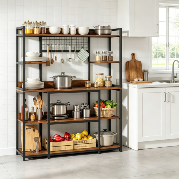Large 5-Tier Bakers Rack with Hooks - Black & Brown