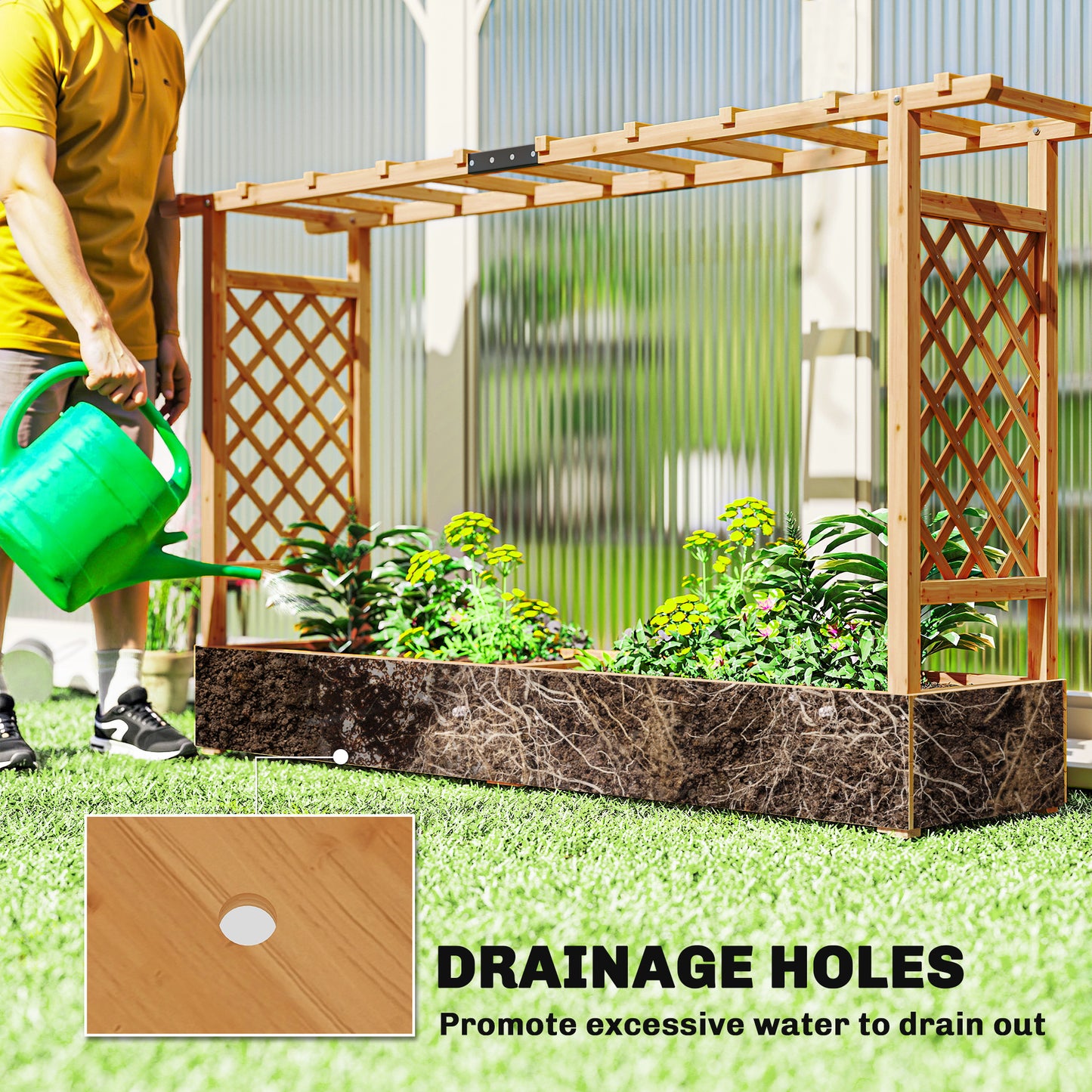 Wooden Planter Box with Trellis and Drainage Holes for Climbing Plants