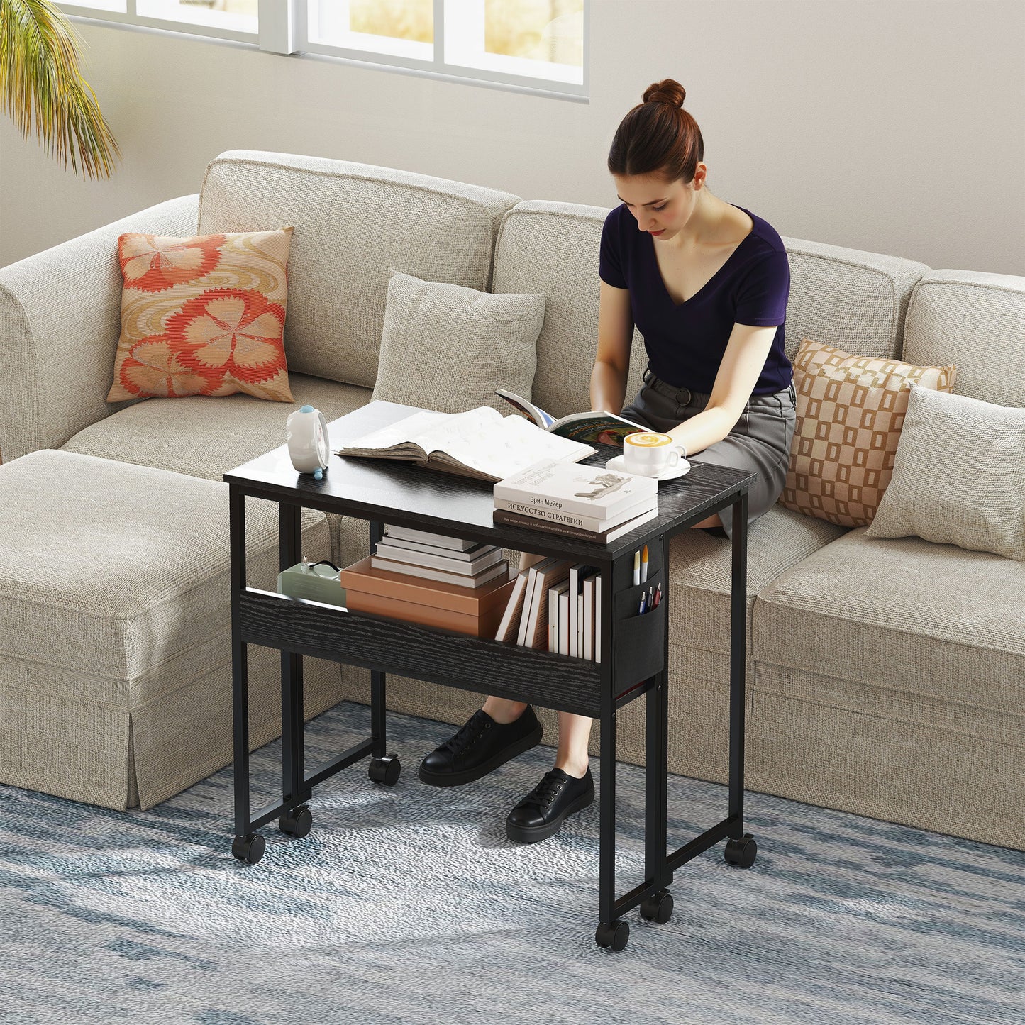 Folding Computer Desk with Storage Bag and Wheels - Black