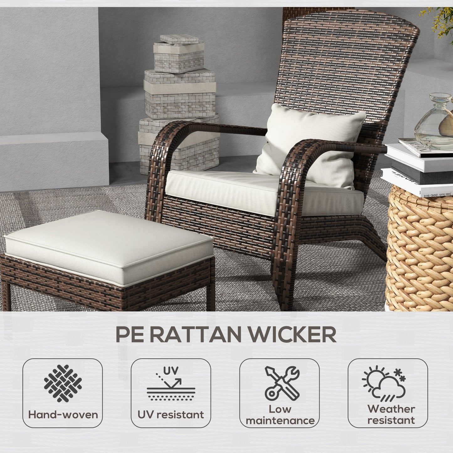 Wicker Adirondack Chair with Ottoman & Cushions - Cream White