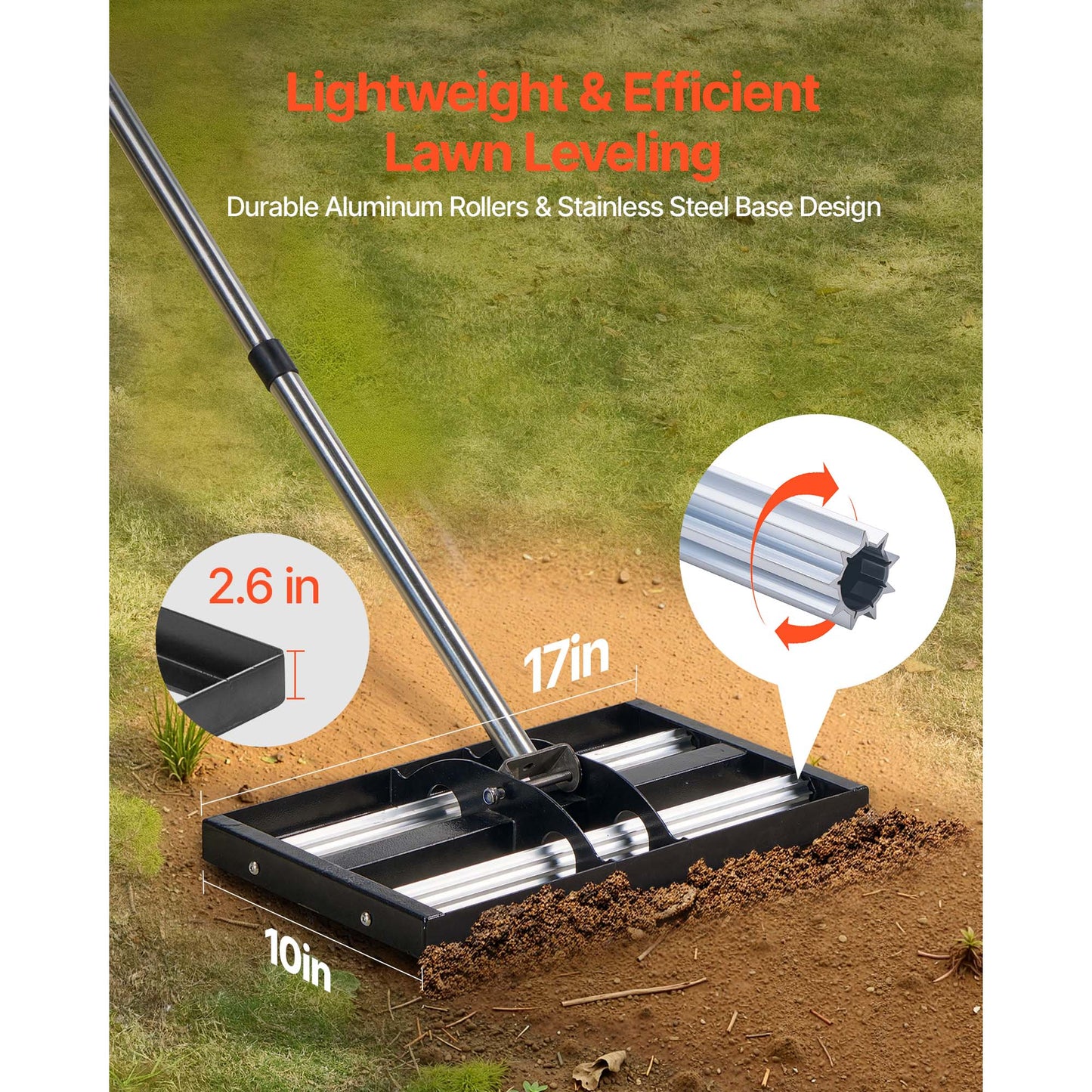 17-Inch Stainless Steel Lawn Leveling Rake with Adjustable Handle - Yard & Golf Course Tool