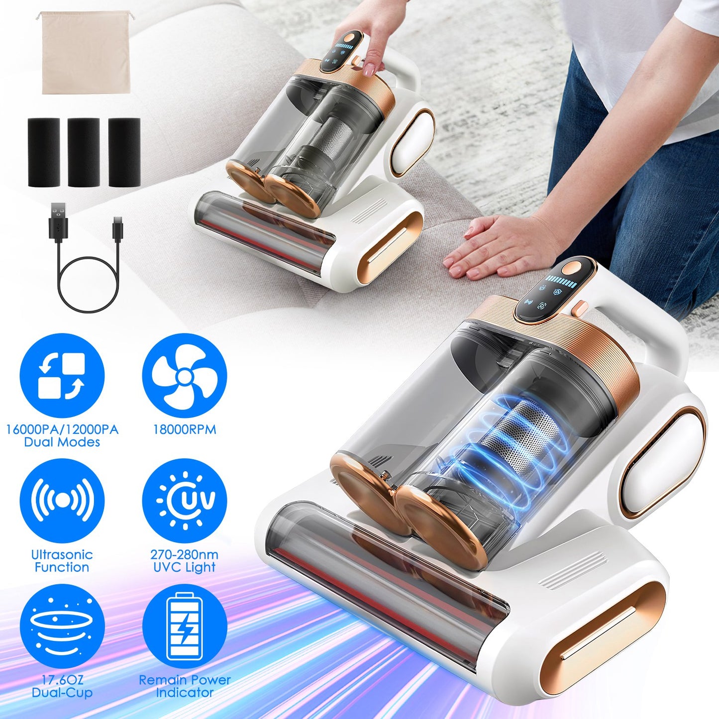 Cordless Mattress Vacuum Cleaner 16KPA UVC Ultrasonic Bed Cleaner Handheld with Dual Dust Bins