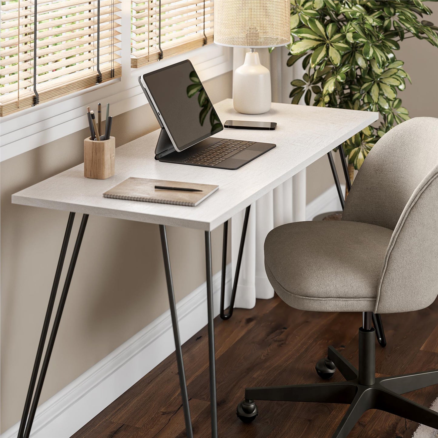 Writing Desk with Black Hairpin Metal Legs - White Oak