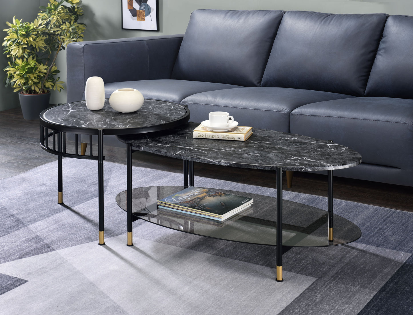Silas Black Finish Nesting Table Set with Engineered Stone Top