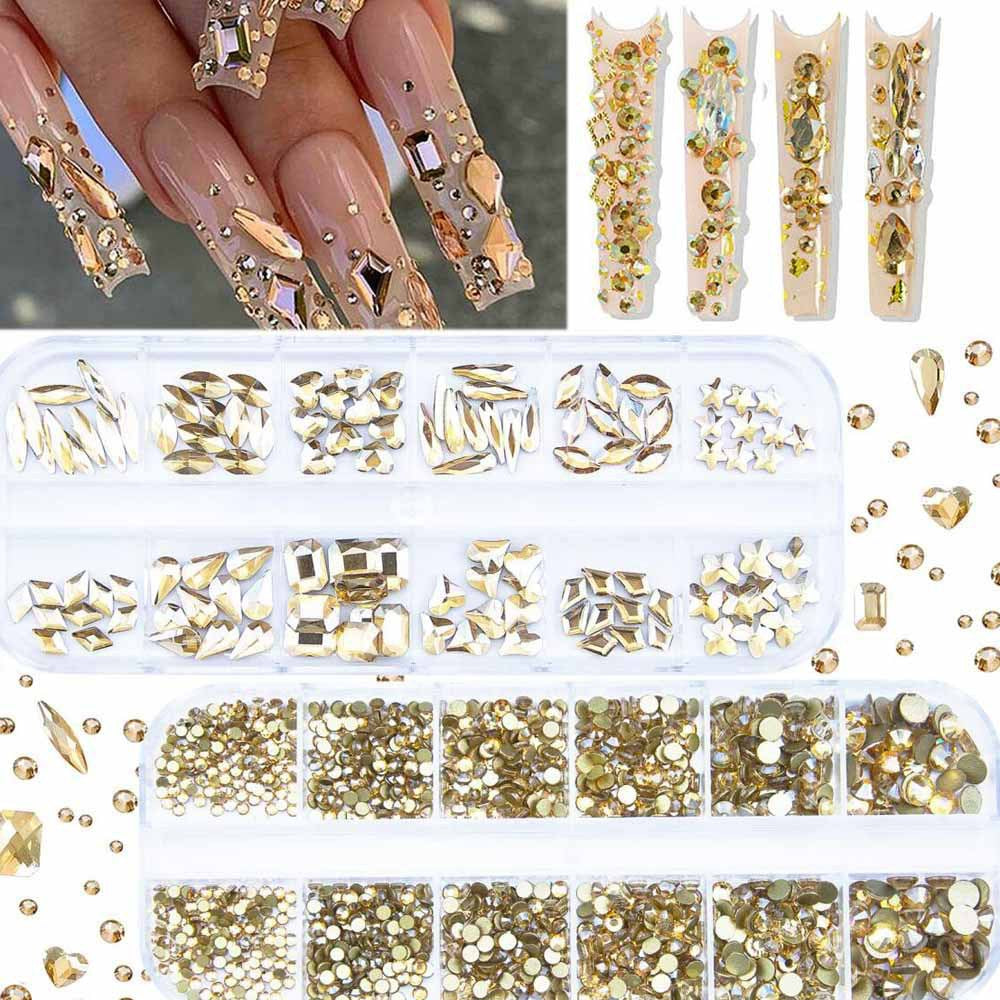 12-Grid Crystal Nail Art Decoration Set - Water Drop & Heart Shapes