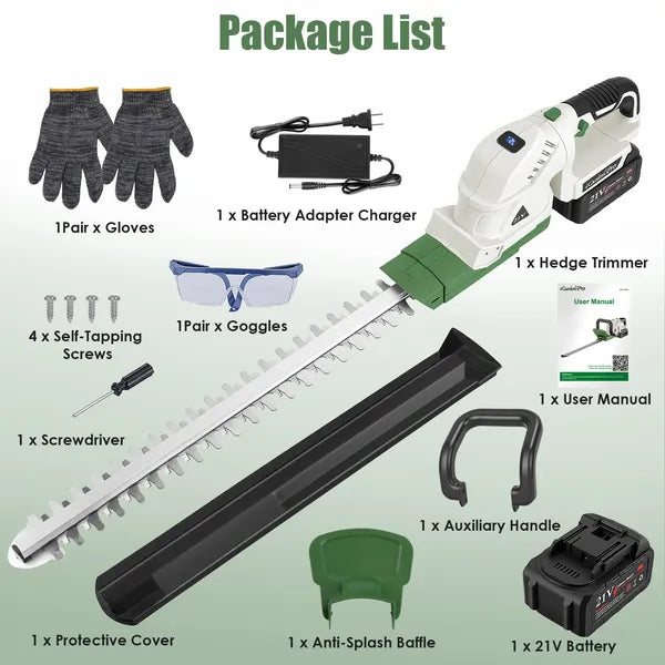 20'' Cordless Hedge Trimmer with Dual-Action Blades, 21V Battery, Adjustable Handle