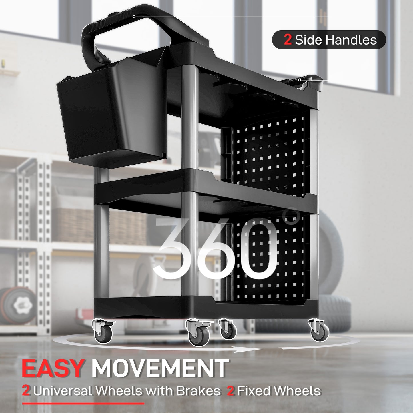 3-Tier Rolling Tool Cart with Side Shelf and Bucket - Black & Light Gray