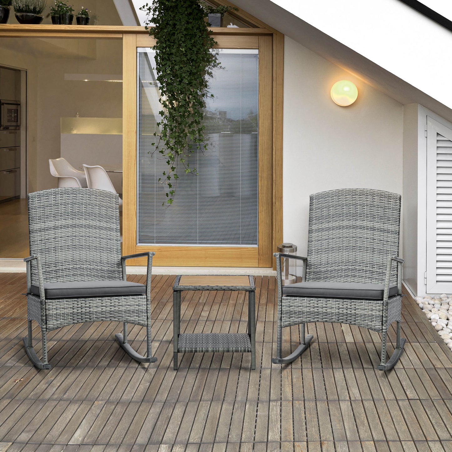 3-Piece Outdoor Rocking Chair Set with Cushions & Coffee Table - Gray