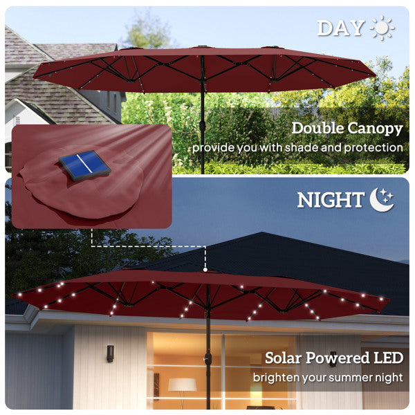 Beach Umbrella with Solar LED Light - Wine Red Double Canopy