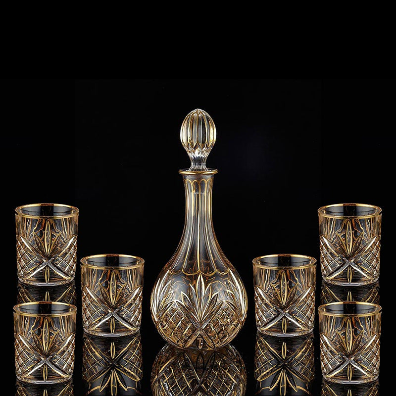 Crystal Whisky Glass Set - Home Bar Drinkware with Gilded Pattern