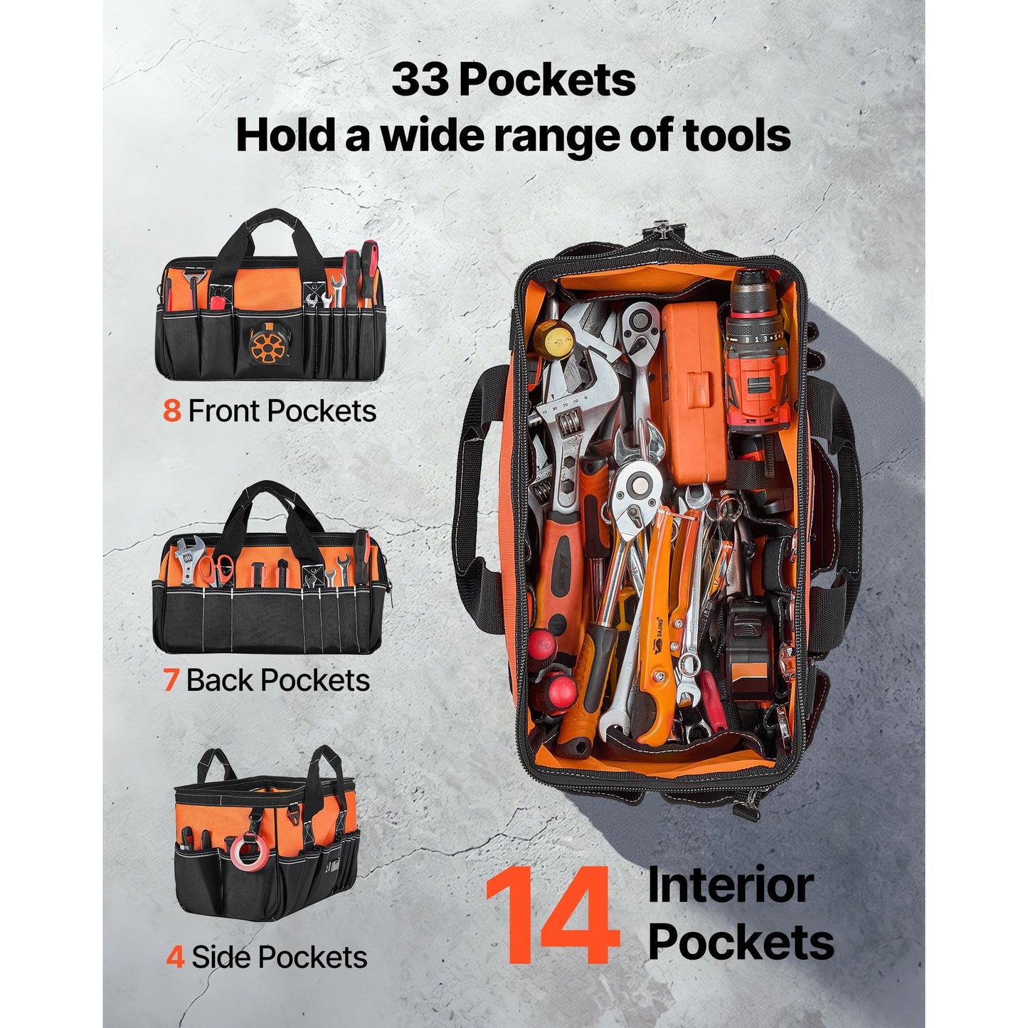15.7-Inch Portable Tool Bag with 33 Pockets, Soft Handle & Adjustable Strap