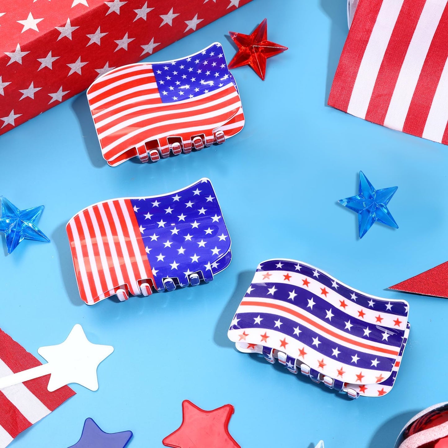 American Flag Hair Clip Set - 4th of July Claw Clips, 3 Pcs