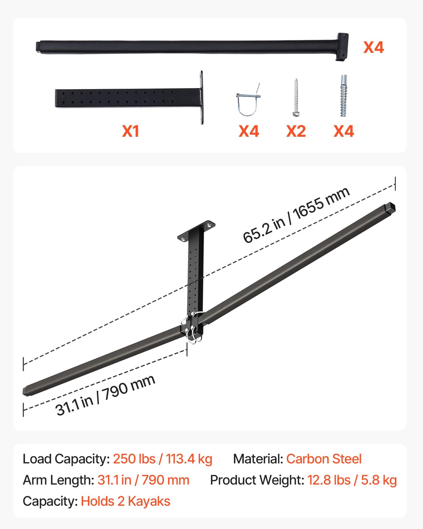 Heavy Duty Ceiling Kayak Rack for 2 Kayaks - Adjustable Garage Storage Rack