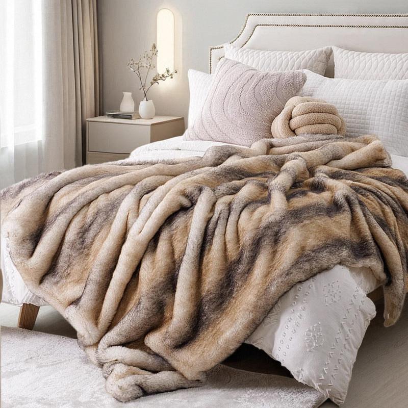 Thick Fuzzy Wool Blanket for Autumn Winter Home Decor Beige Stripes 152x203cm