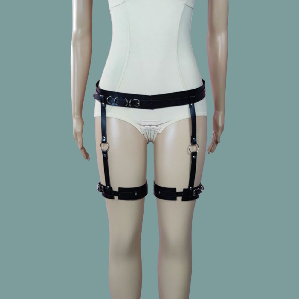 Punk Leather Thigh Body Harness with Chain - Black