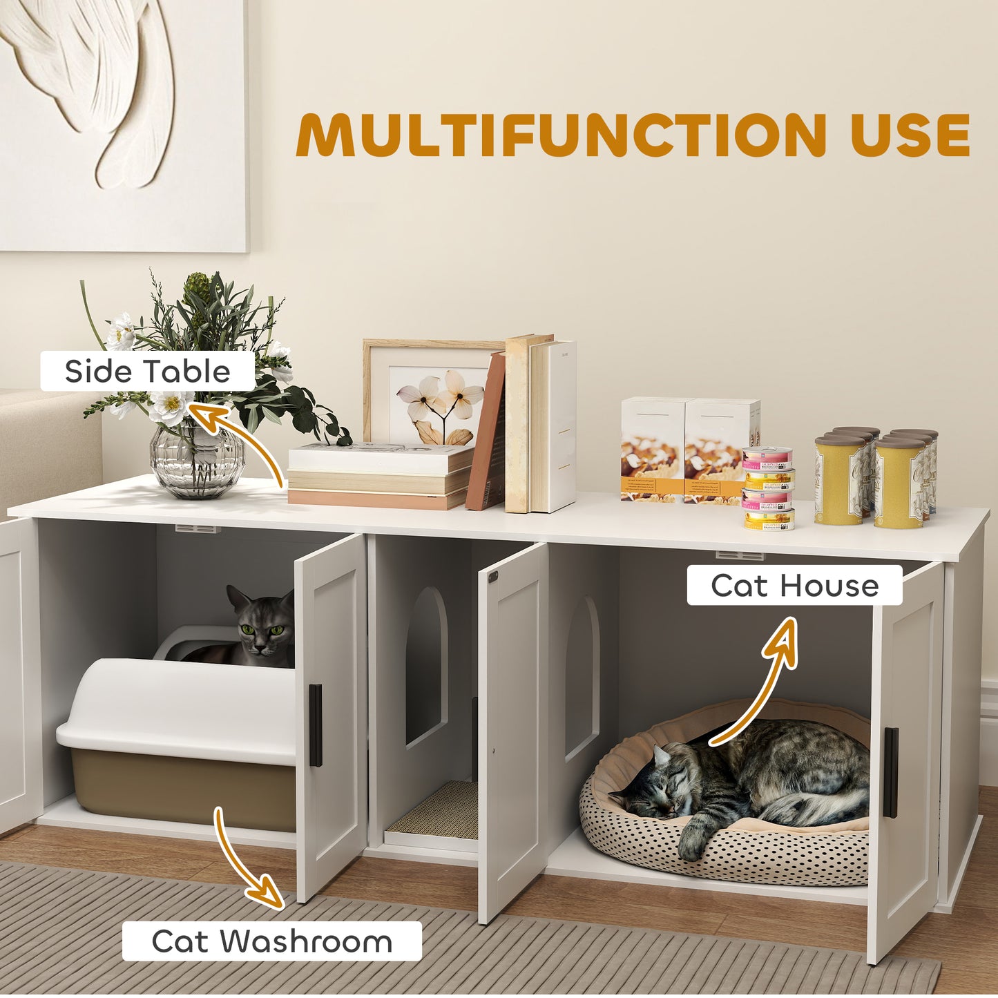 Cat Litter Box Enclosure for 2 Cats with Scratching Mat - White, 57 x 19 x 20 Inches