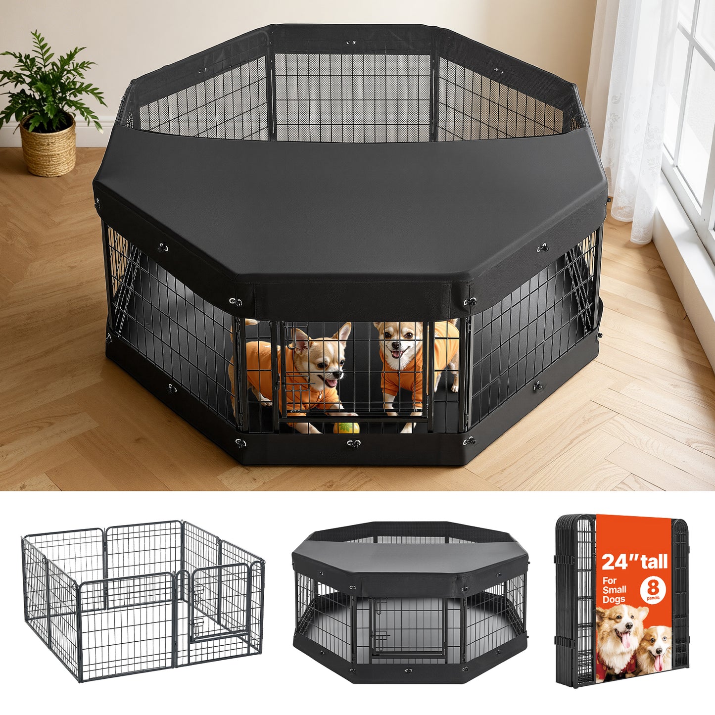 Heavy Duty Dog Playpen 24 Inch with Top Cover & Bottom Pad - Indoor Pet Fence, Foldable Metal Exercise Pen for Dogs, Cats & Small Animals, Black