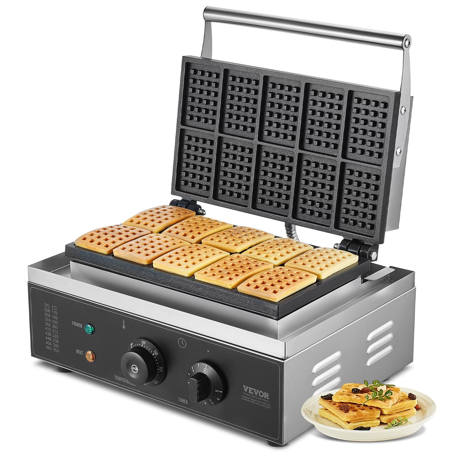 Commercial Rectangle Waffle Maker Machine 1550W - 10 Waffles, Non-Stick