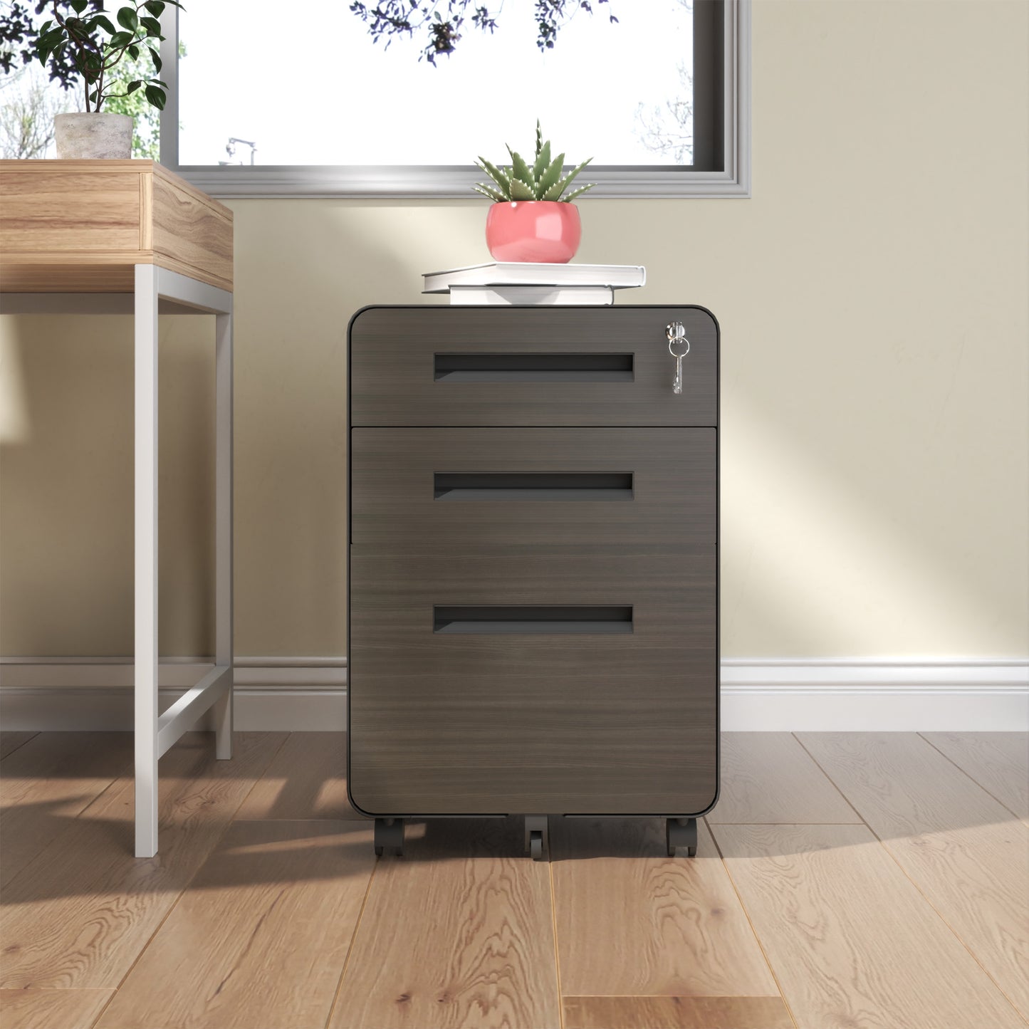3-Drawer Mobile File Cabinet with Lock - Black Steel Storage