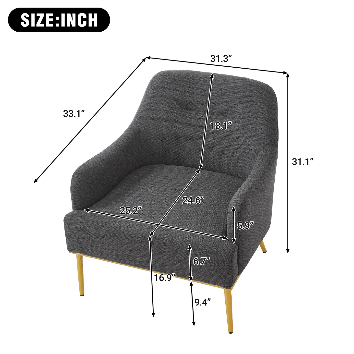 Modern Accent Chair with Curved Backrest and Gold Legs - Dark Gray