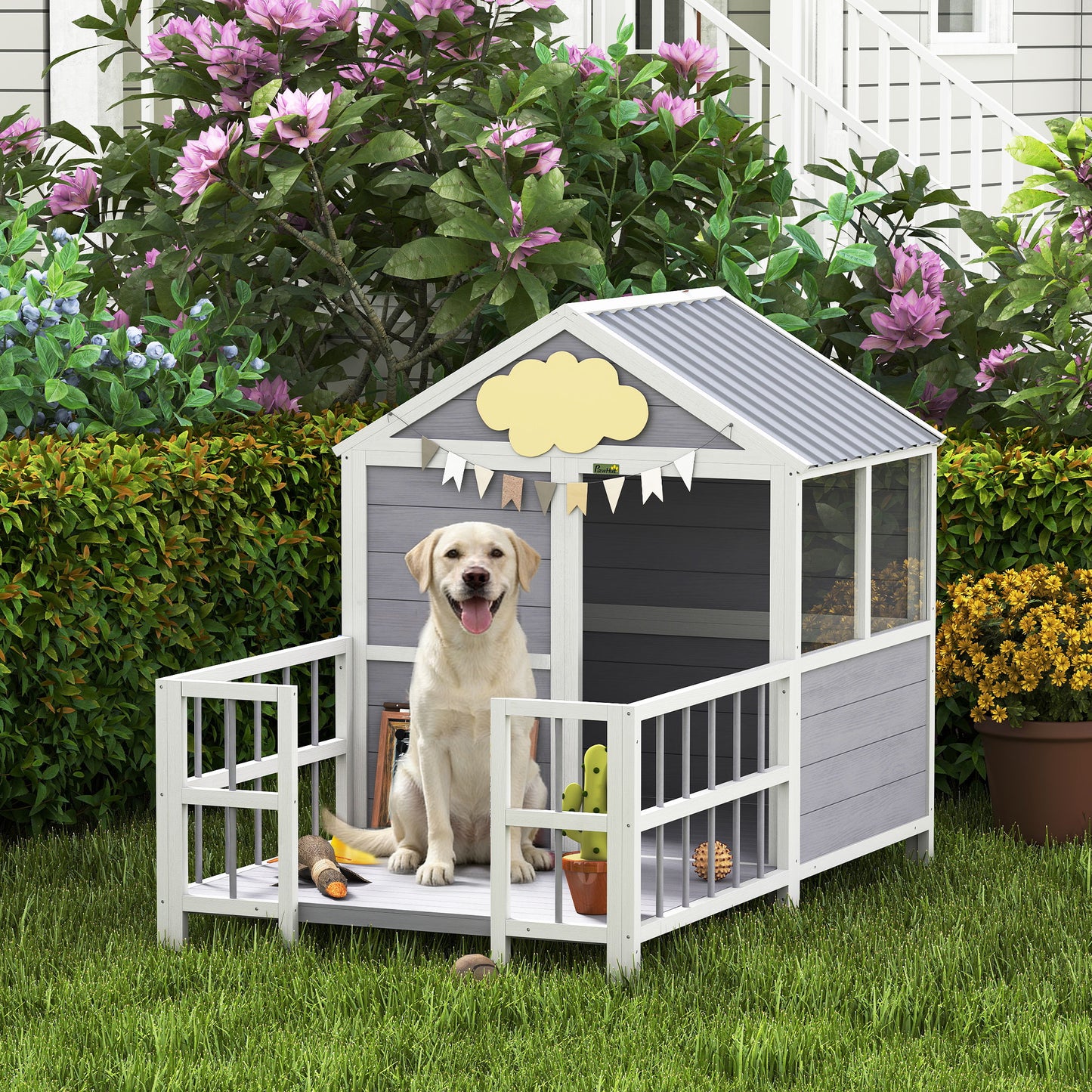 Large Wooden Outdoor Dog House with Porch & Weatherproof Roof - Gray