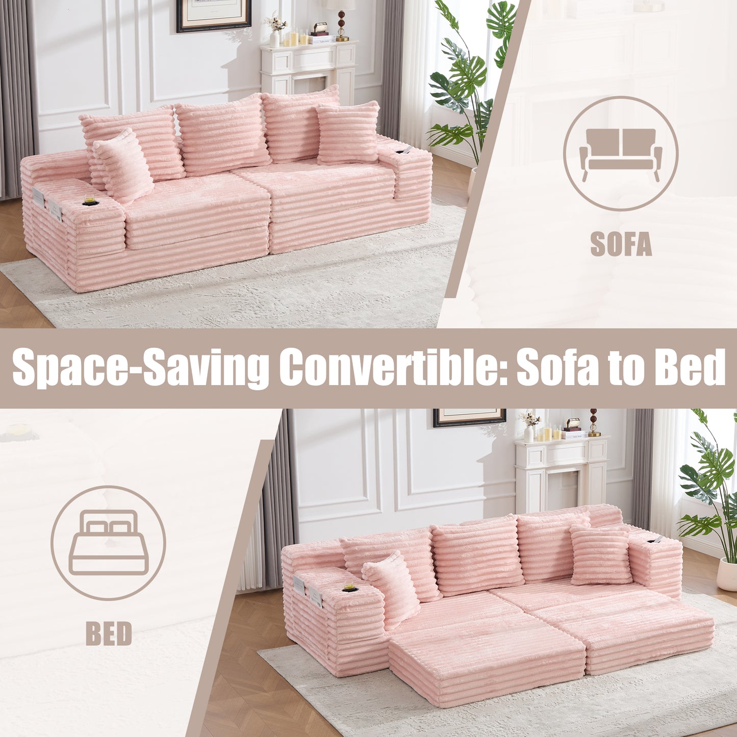 Oversized Four-Seat Sofa Bed with Cup Holder & Pockets - Pink