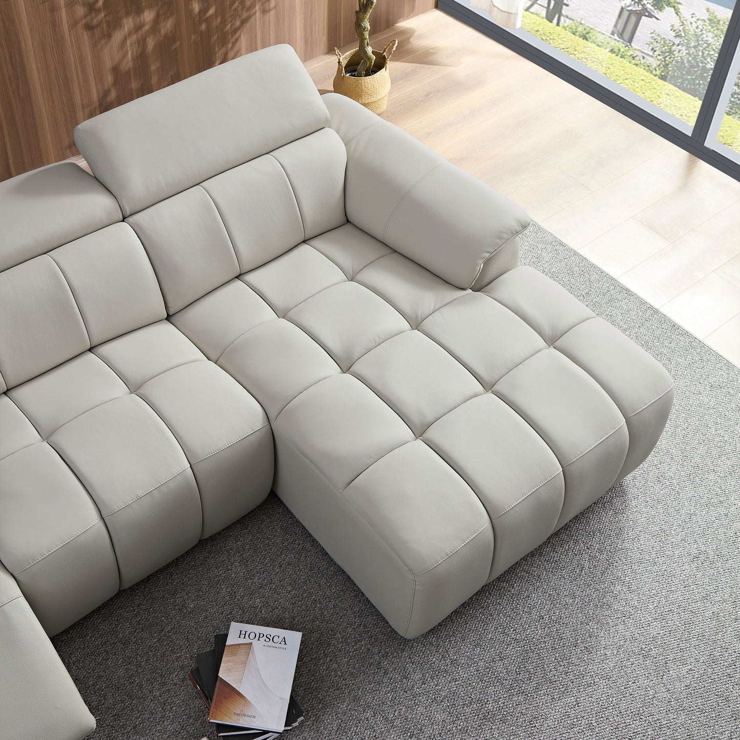 Electric Reclining Sofa - Modern L-Shaped Genuine Leather Couch with USB Port - Light Grey