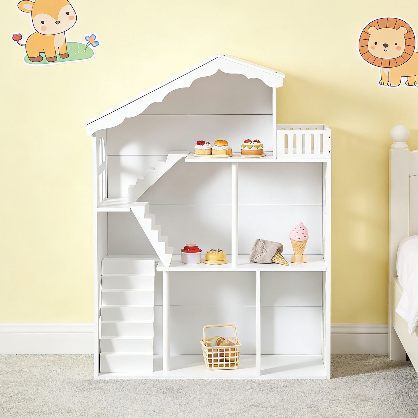 Kids Dollhouse Bookshelf 3 Tier Open Design Wooden Toy House Bookcase