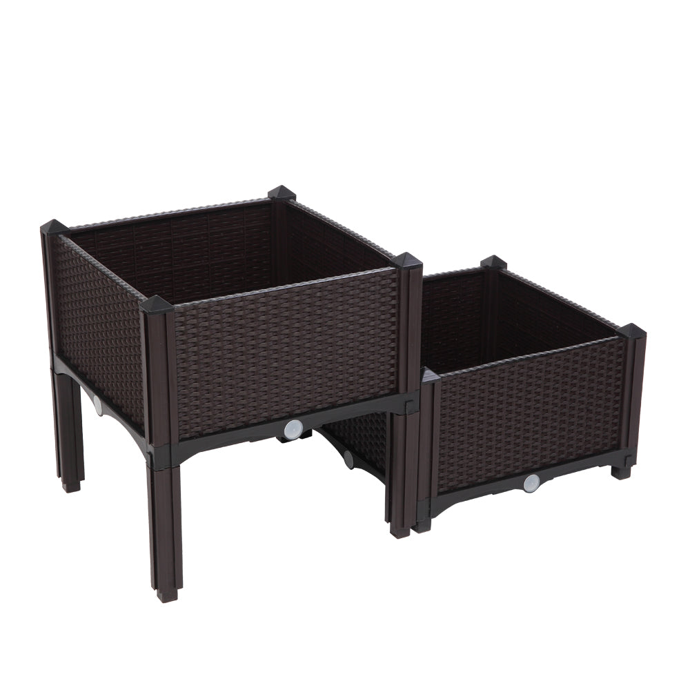 2PCS Brown Injection Molded Planting Box Garden Planter with Rattan Pattern