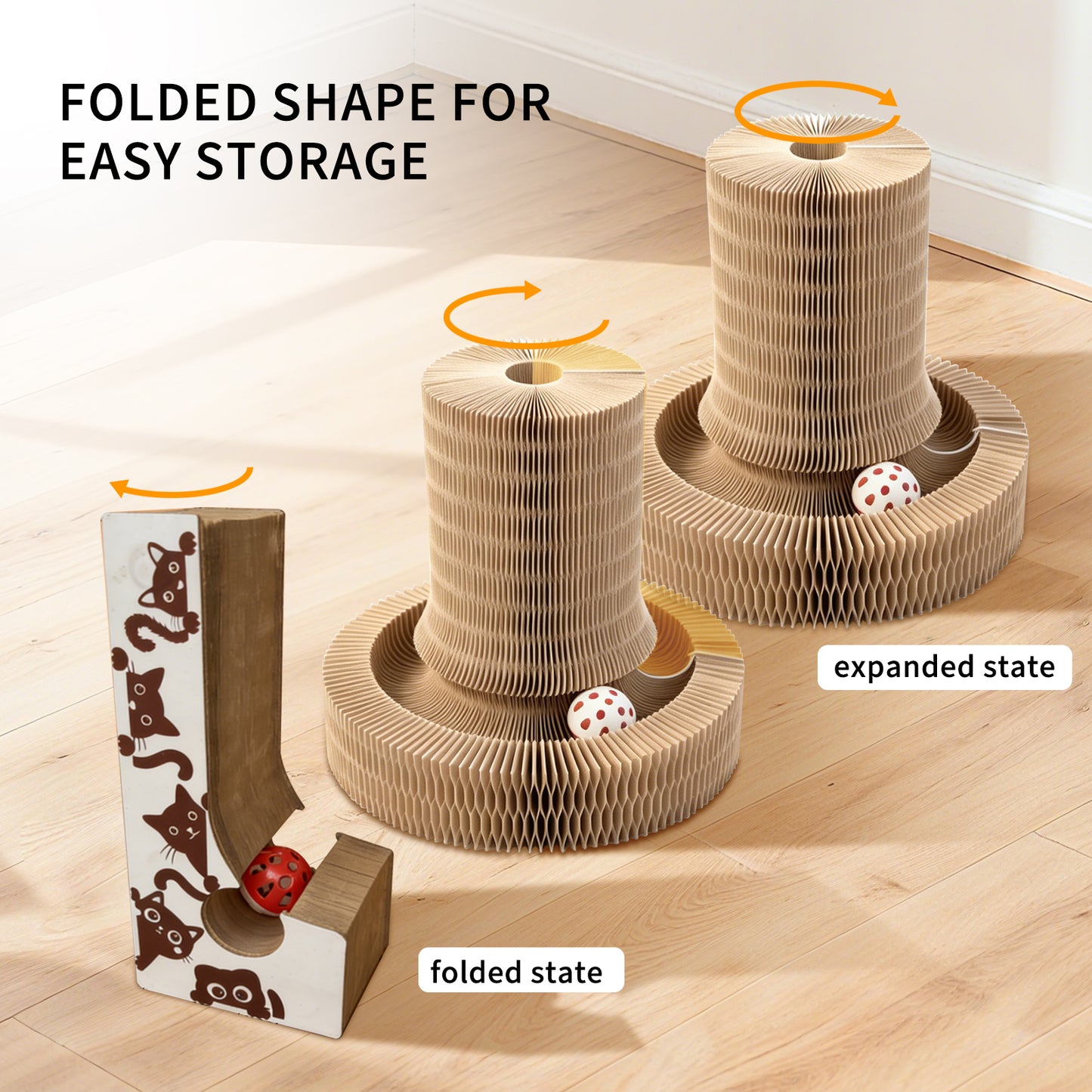 Foldable Cat Scratcher Toy with Rolling Bell Ball - Interactive Cardboard Claw Furniture