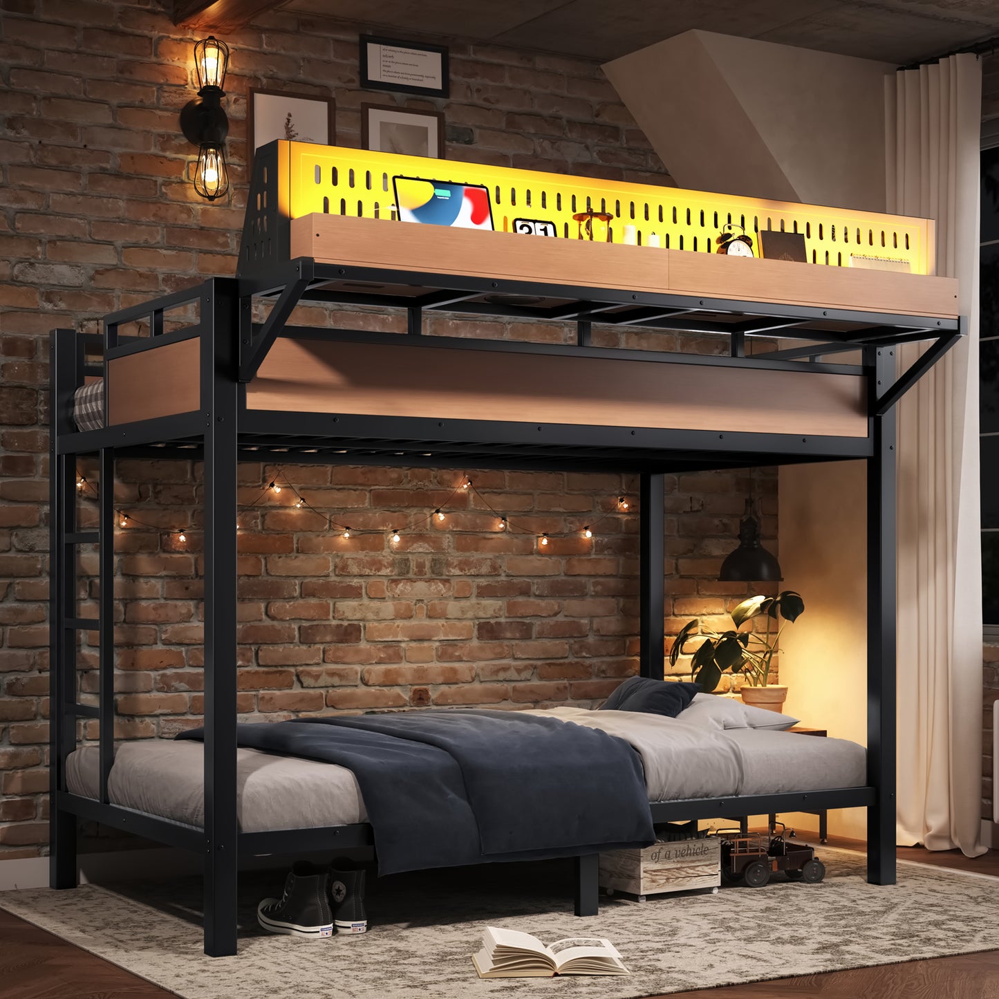Twin XL Metal Bunk Bed with USB Ports & LED Lights - Natural