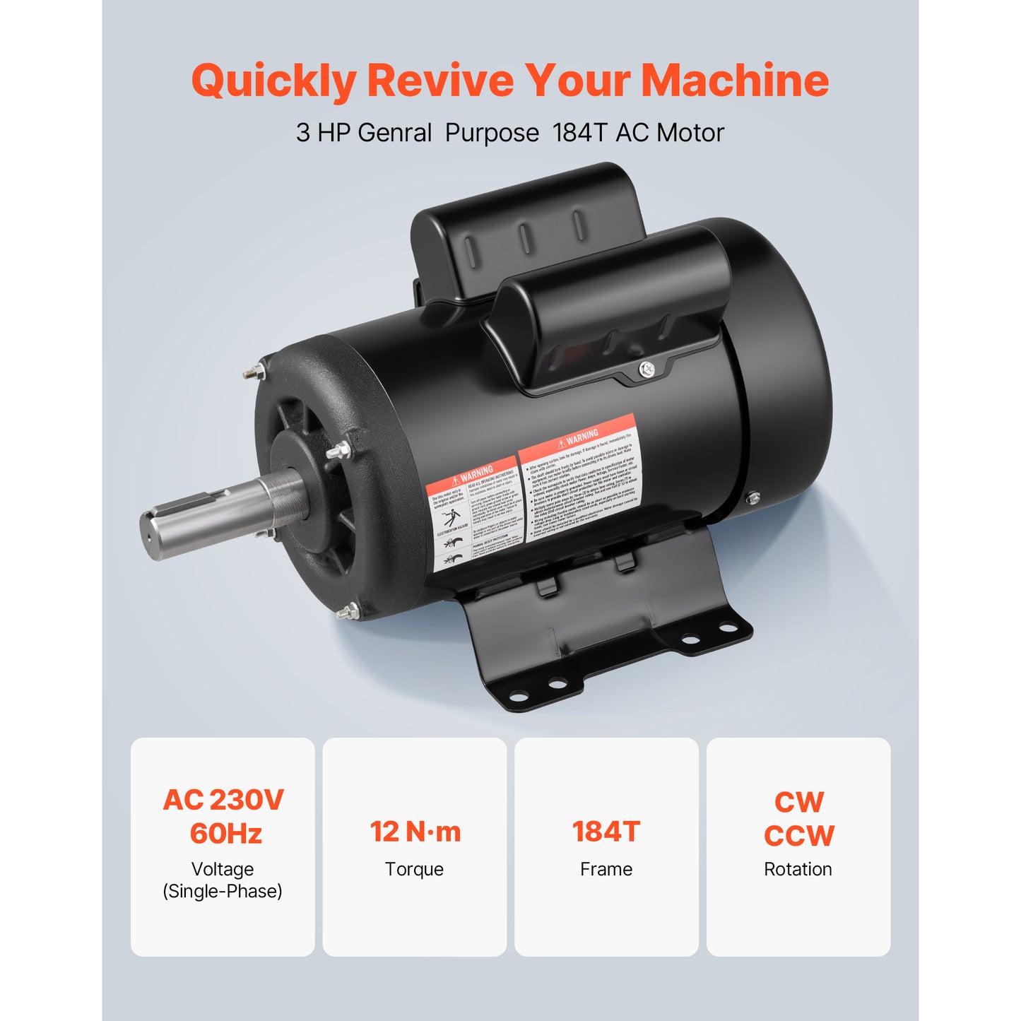 Electric Motor 3 HP 1750RPM Air Compressor Motor CW CCW 230V 12Nm Shaft