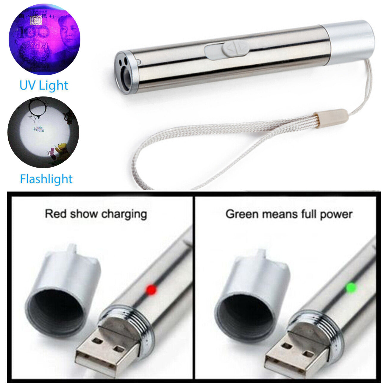 Rechargeable LED Laser Pointer Pen 3-in-1 UV Flashlight for Pets & Detection