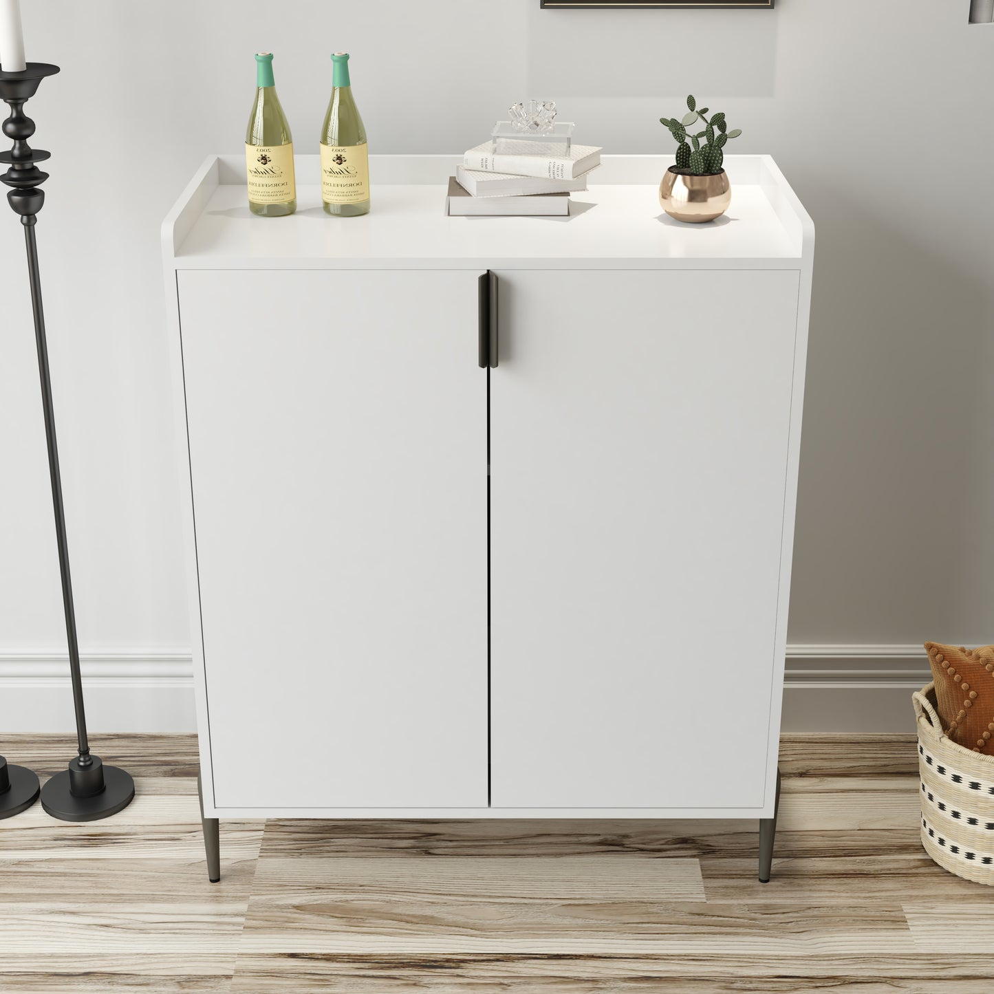 2 Doors Home Wine Bar Cabinet With Rack & Adjustable Storage Shelf,