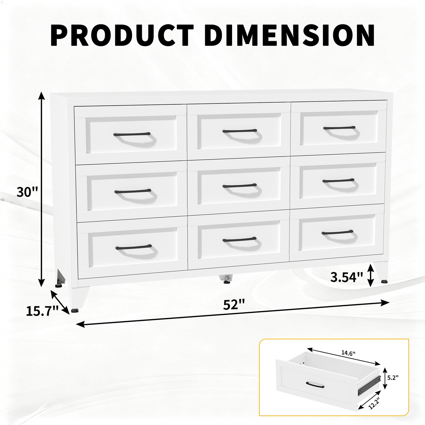9 Drawer Dresser For Bedroom, Metal Profile Chest Of Drawers, White