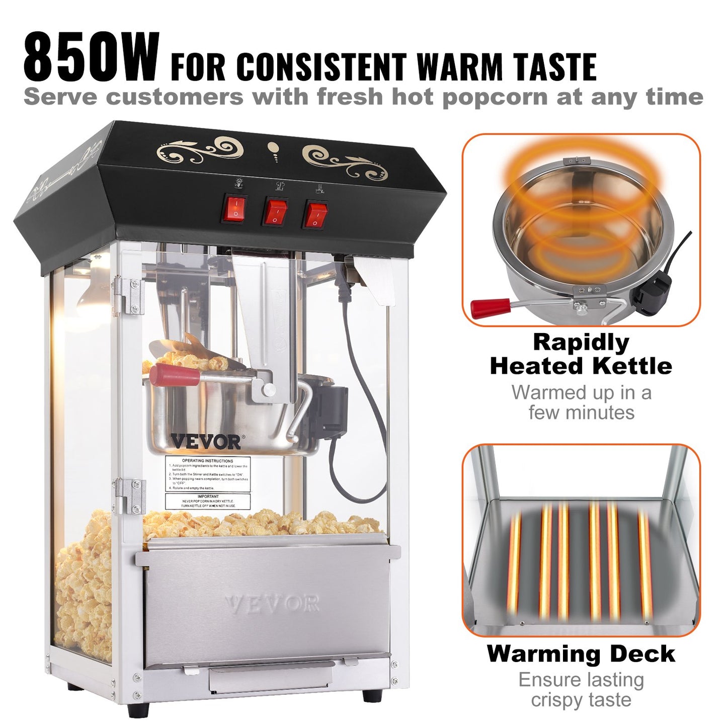 Commercial Popcorn Maker Machine 850W 8 Oz Countertop Popcorn Popper - Black