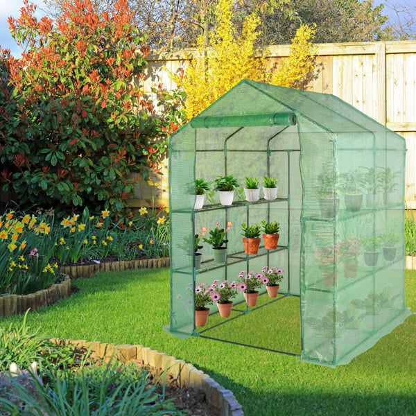 Garden Greenhouse with 8 Shelves, Green PE Cover & Black Iron Frame, 143x143x195cm