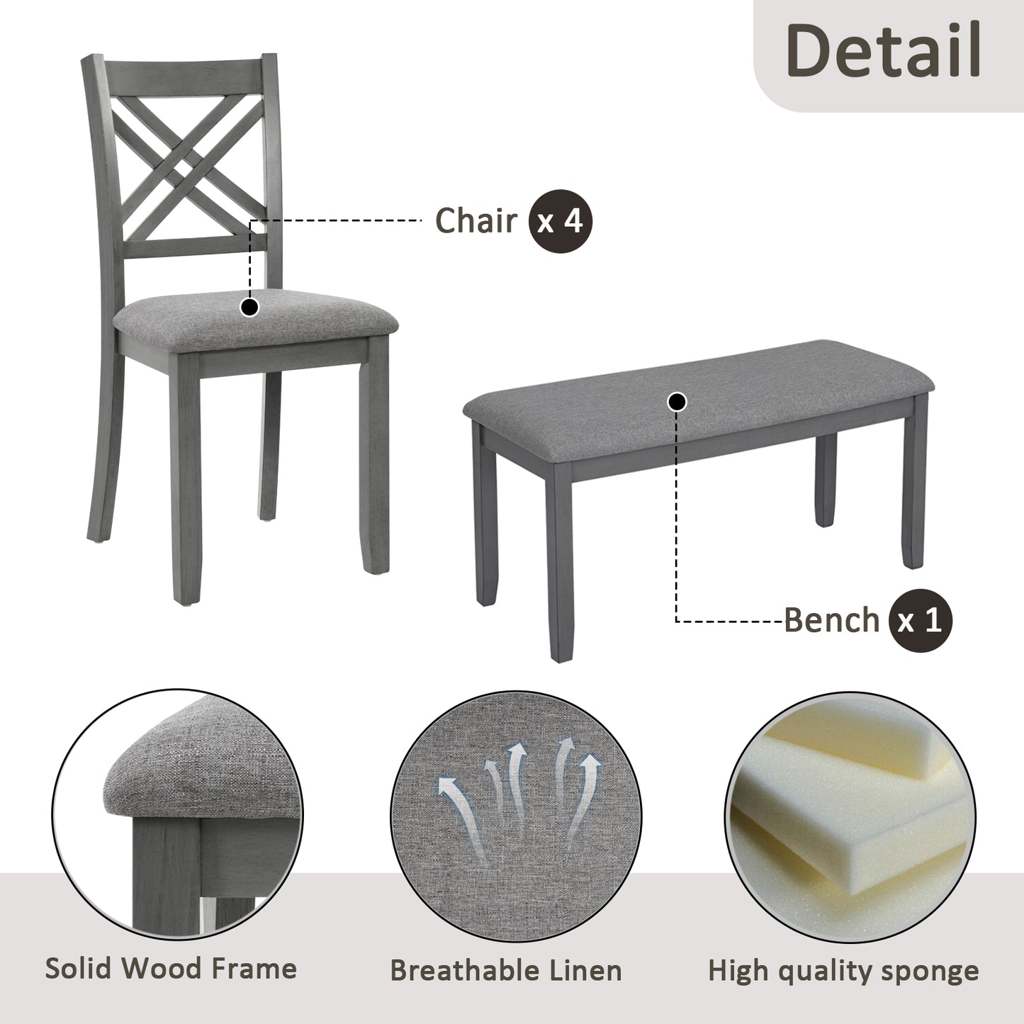 Rectangular Dining Table Set for 6 - Wooden Table with Upholstered Chairs & Bench - Grey