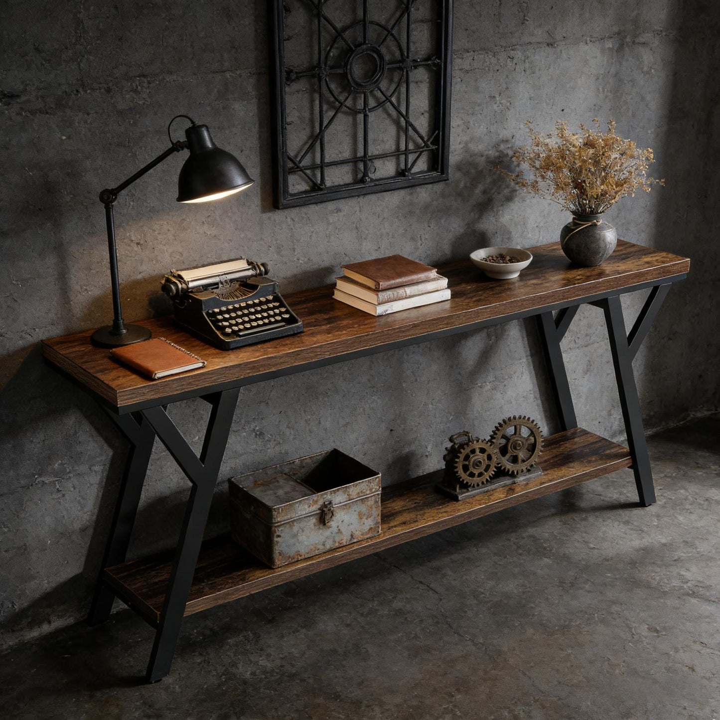 2-Tier Console Table - Black Rustic Brown Sofa Table