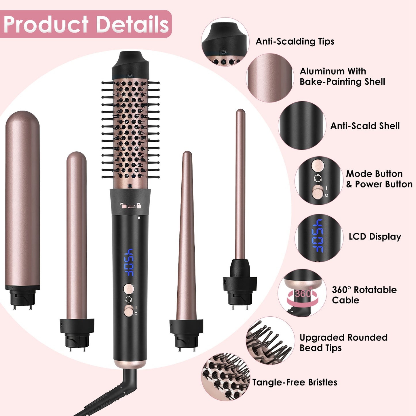 5-in-1 Curling Iron Wand Set with Interchangeable Barrels & Heat Control