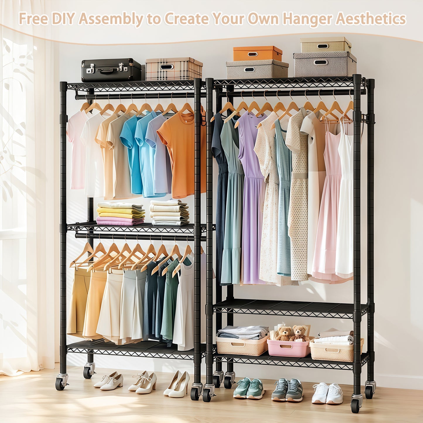 Rolling Clothes Rack, Heavy Duty Rack With Wheels, 3 Tiers Adjustable